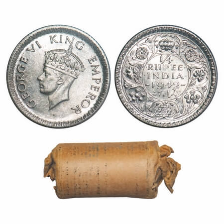 George VI, Half Silver, Quarter Rupee, 1942, (Roll of 24 coins), Calcutta Mint, No dot, He