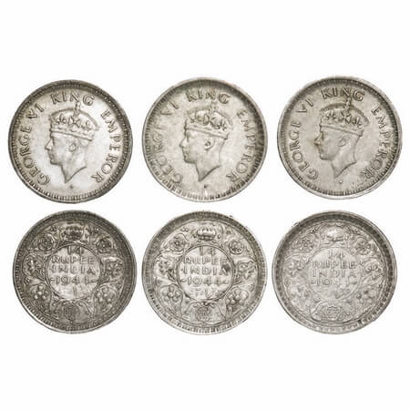 George VI, Half Silver, 1/4 Rupee, 1944 (3 coins), 1) Bombay Mint, Head Type II, Rev III, 