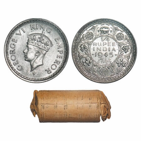 George VI, Half Silver, Quarter Rupee, 1945, (Roll of 24 coins), Bombay Mint, Dot, Head Ty