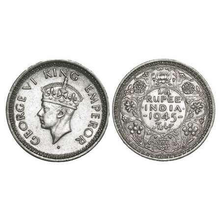 George VI, Half Silver, 1/4 Rupee, 1945, Bombay Mint, Dot, Head Type II, Rev II, Security 