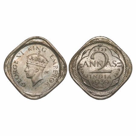 George VI, Copper-Nickel, 2 Annas, 1939, Bombay Mint, Dots by year, Head Type II. F. Prid 