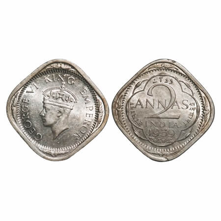 George VI, Copper-Nickel, 2 Annas, 1939, Calcutta Mint, Head Type II, No dots by year. F.
