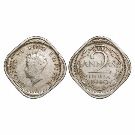 George VI, Copper-Nickel, 2 Annas, 1940, Bombay Mint, Head Type I, Dots by year. F. Prid U