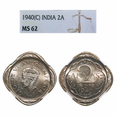 George VI, Copper-Nickel, 2 Annas, 1940, Calcutta Mint, Head Type II, No dots by year. F. 