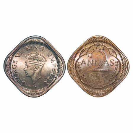 George VI, Copper-Nickel, 2 Annas, 1941, Calcutta Mint, Head Type II, No dots by year. F. 