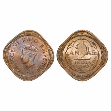 George VI, Copper-Nickel, 2 Annas, 1946, Bombay Mint, Head Type II, Dots by year, Large do