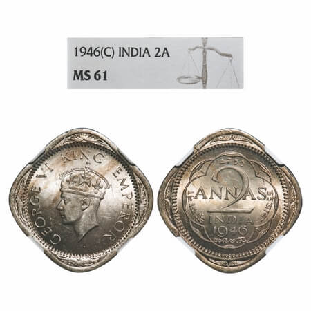 George VI, Copper-Nickel, 2 Annas, 1946, Calcutta Mint, Head Type II, Obv die of 1944 pair
