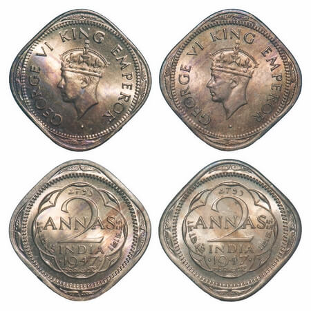 George VI, Copper-Nickel, 2 Annas, 1947, (2 coins), Bombay Mint, Head Type II, Dots by yea