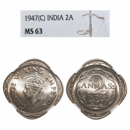 George VI, Copper-Nickel, 2 Annas, 1947, Calcutta Mint, Head Type II, No dots by year. F. 