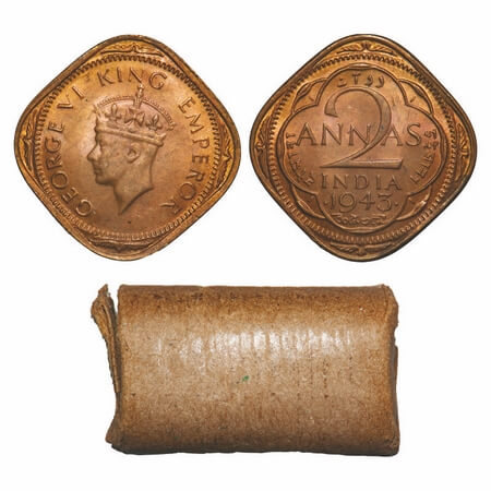 George VI, Brass-Nickel, 2 Annas, 1943, (Roll of 20 coins), Bombay Mint, Dots by year, Hea