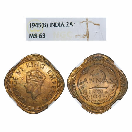 George VI, Brass-Nickel, 2 Annas, 1945, Bombay Mint, Dots by year, head Type II, Tip of Cr