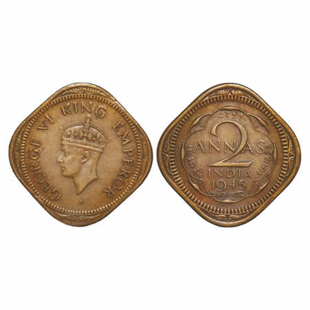 George VI, Brass-Nickel, 2 Annas, 1945, Calcutta Mint, Head ype II, No dots by year. F. Pr