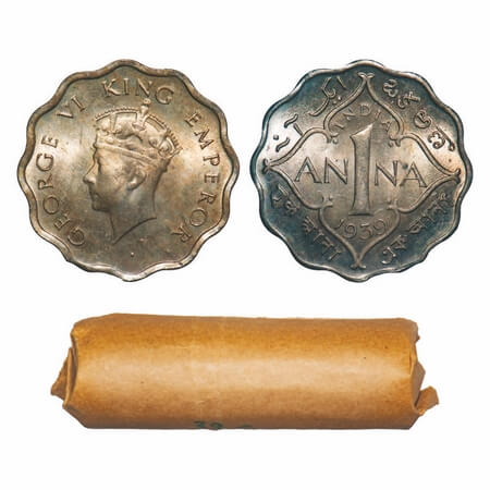 George VI, Copper-Nickel, 1 Anna, 1939, (Roll of 40 coins), Calcutta Mint, No dot, Head ty