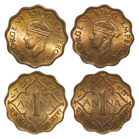 George VI, Nickel-Brass, 1 Anna, (2 coins), 1942, 1) Bombay Mint, Head Type II, Dot, 2) Ca