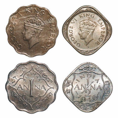 George VI, Copper-Nickel, 1 Anna & Half Anna, (2 coins), 1) 1947, Calcutta Mint, Head Type
