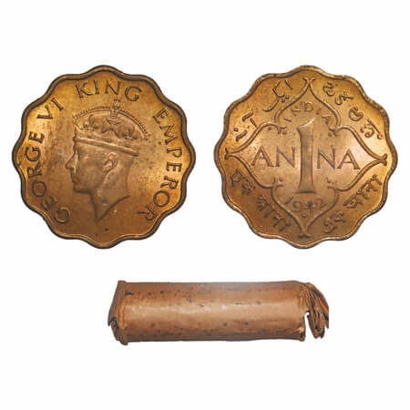 George VI, Brass-Nickel, 1 Anna, 1942, (Roll of 40 coins), Bombay Mint, Dot, Head Type II.