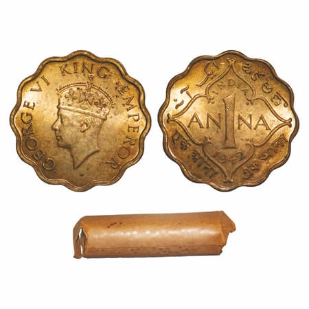 George VI, Brass-Nickel, 1 Anna, 1942, (Roll of 40 coins), Calcutta Mint, No dot, Head Typ