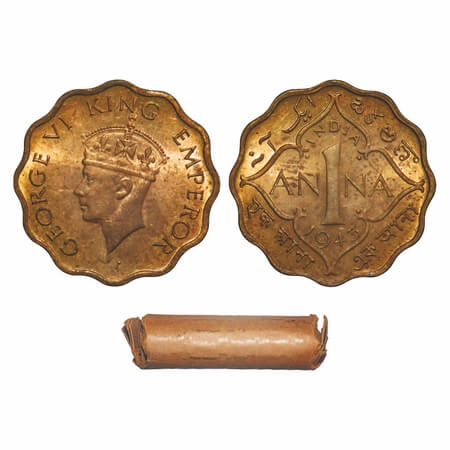 George VI, Brass-Nickel, 1 Anna, 1943, (Roll of 40 coins), Calcutta Mint, No dot, Head Typ