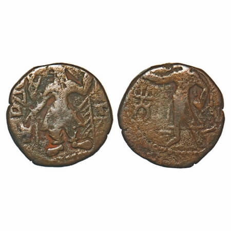 Kushans, Kanishka I, Copper 1/2 unit, 3.95g, 16.49x16.66mm, Obv: King standing facing head