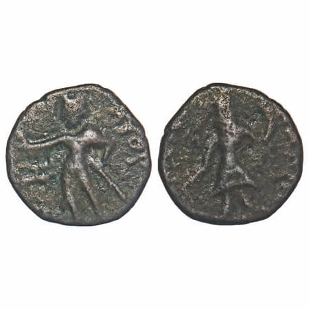 Kushanas, Kanishka I (c. 127-158 AD), Copper 1/4 Drachma, 13.75x14.07mm, Obv: King standin