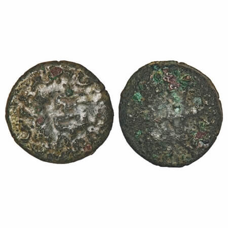 Western Kshatrapa, Nahapana, Copper, 4.75g, 16.81x17.41mm, Obv: Arrow pointing down to the