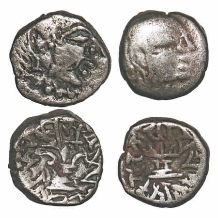 Guptas, Skandagupta, Silver Drachma, 1.73g, & 1.86g, Fire Altar type, Obv: Bust of king fa