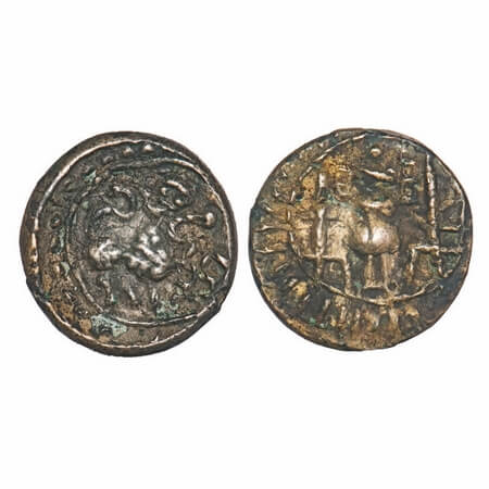 Vishnukundin Dynasty, Andhra Region, Copper Base Alloy, 5.17g, 18.92x19.32mm, Obv: Roaring