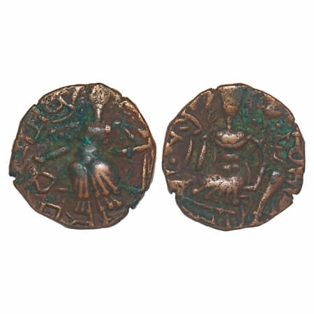 Huns, Kashmir, Toramana II, Copper Drachma, 6.70g, 20.84x21.10mm, Obv: King standing sligh