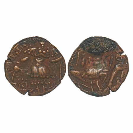Huns, Kashmir, Toramana II, Copper Drachma, 6.79g, 20.36x20.82mm, Obv: King standing sligh
