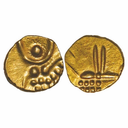 Travancore, Gold Fanam, 0.38g, 7.33x7.57mm, Veera Raya, Obv: stylized lion/boar standing r