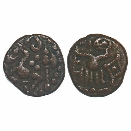 Travancore (Medieval Coinage), Venad, Copper, 1.75g, 12.38x12.16, Obv: Seated king in chol