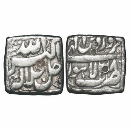 Akbar, Silver Square Rupee, 11.30g, Lahore Mint, Ilahi Type, 'Farwardin'/ Year 38, Obv: Al