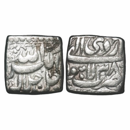 Akbar, Silver Square Rupee, 11.25g, Lahore Mint, Ilahi Type, 'Ardibihisht'/ Year 38, Obv: