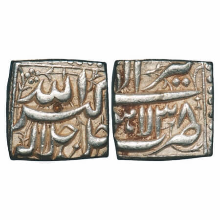 Akbar, Silver Square Rupee, 11.42g, Lahore Mint, Ilahi Type, 'Tir'/ Year 38, Obv: Allah uh