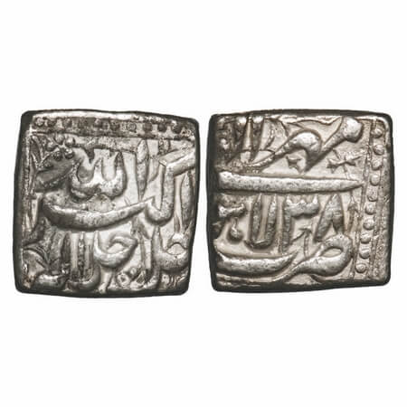 Akbar, Silver Square Rupee, 11.24g, Lahore Mint, Ilahi Type, 'Mihr'/ Year 38, Obv: Allah u
