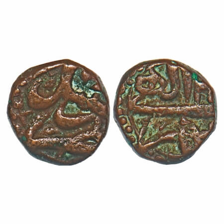Akbar, Copper 1/8 Dam (Damri), 2.48g, Sambhal Mint, month 'Mihir'. Very Fine+, Rare.