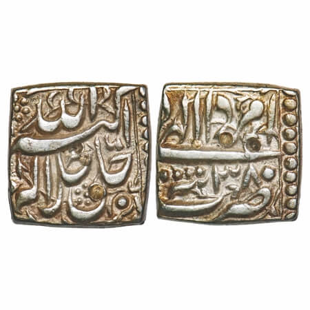 Akbar, Silver Square Rupee, 11.39g, Tatta Mint, Ilahi Month 'Amardad', Year 38. KM 88.7. V