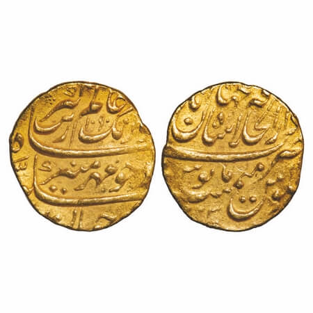Aurangzeb, Gold Mohur, 10.92g, Dar al-Khilafat Shahjahanabad Mint, AH 1090/23 RY, Mirh-e-m