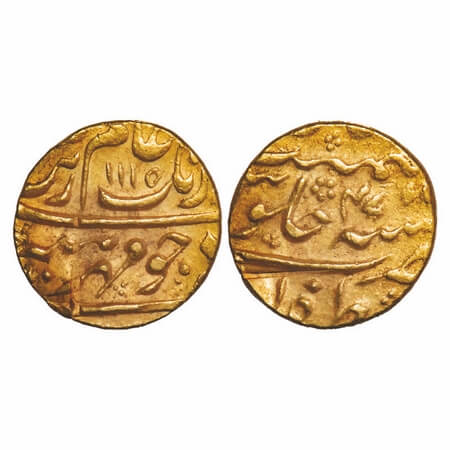 Aurangzeb, Gold Mohur, 11.01g, Zafarabad Mint, AH 1115/47 RY, Mirh-e-munir couplet. KM 315