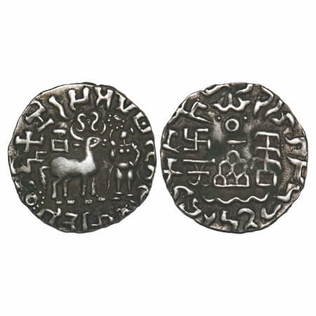 Kunindas, Amoghabhuti (c. 200 BC), Silver Drachma, 2.25g, 17.00x16.80mm, Sun symbol behind