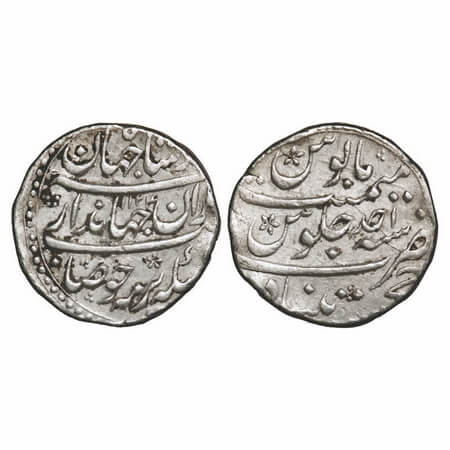 Jahandar Shah, Silver Rupee, 11.43g, Khujista Buniyad Mint, Sahib qiran type AH 1124/Ahad(
