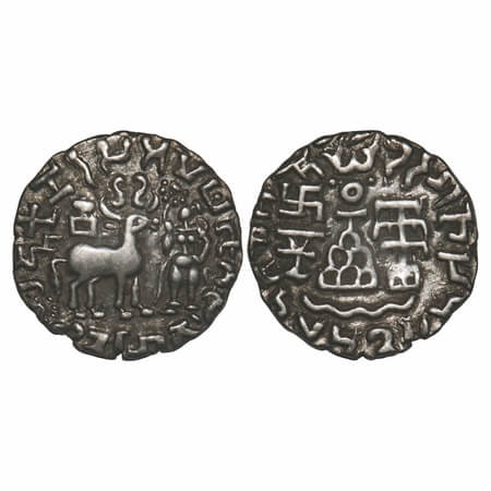 Kunindas, Amoghabhuti (c. 200 BC), Silver Drachma, 2.17g, 16.57x16.69mm, Sun symbol behind
