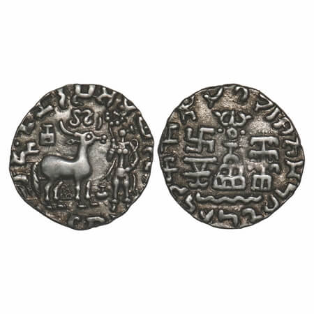 Kunindas, Amoghabhuti (c. 200 BC), Silver Drachma, 2.29g, 17.34x17.46mm, Obv: Deer standin