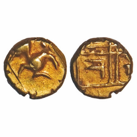 Tanjore Marathas of Tanjore, Gold Fanam, 0.38g, Sarbhoji I, Obv: lion facing right with up
