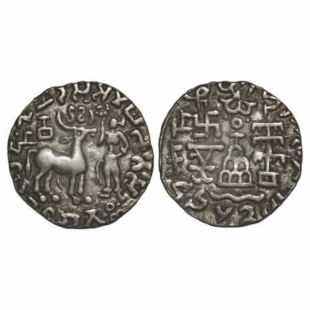 Kunindas, Amoghabhuti (c. 200 BC), Silver Drachma, 2.04g, 17.56x17.21mm, Obv: Deer standin