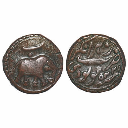 Mysore, Copper Paisa, 11.26g, Tipu Sultan, Nagar Mint, AM 1225 Obv: 'Be' above elephant to