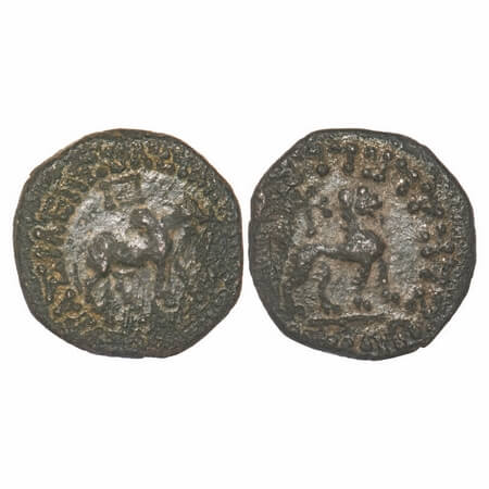 Indo Scythian, Azes II, Copper Tetradrachm, 12.97g, 25.82x25.44mm, Obv: Humped bull walkin