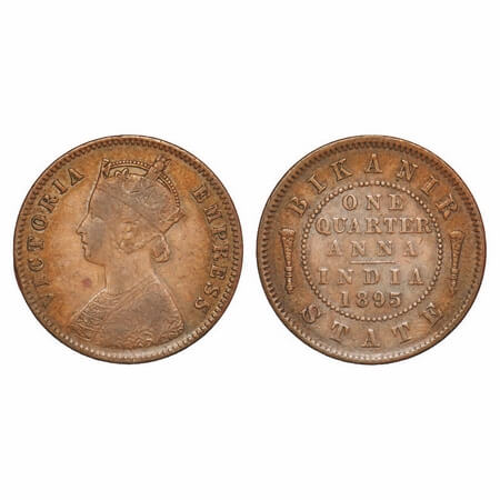 Bikanir, Copper ¼ Anna, 6.37g, Ganga Singh, 1895 AD, with the name and portrait of Victori