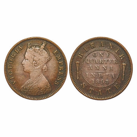 Bikanir, Copper ¼ Anna, 6.13g, Ganga Singh, 1895 AD, with the name and portrait of Victori