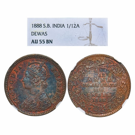 Dewas Senior, Copper 1/12 Anna, Narayan Rao (c. 1864-1892 AD), Crowned bust of Victoria on